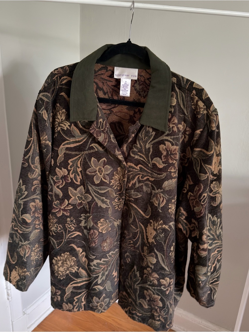 Susan Graver Olive Green Collared Tapestry Patterned Jacket
